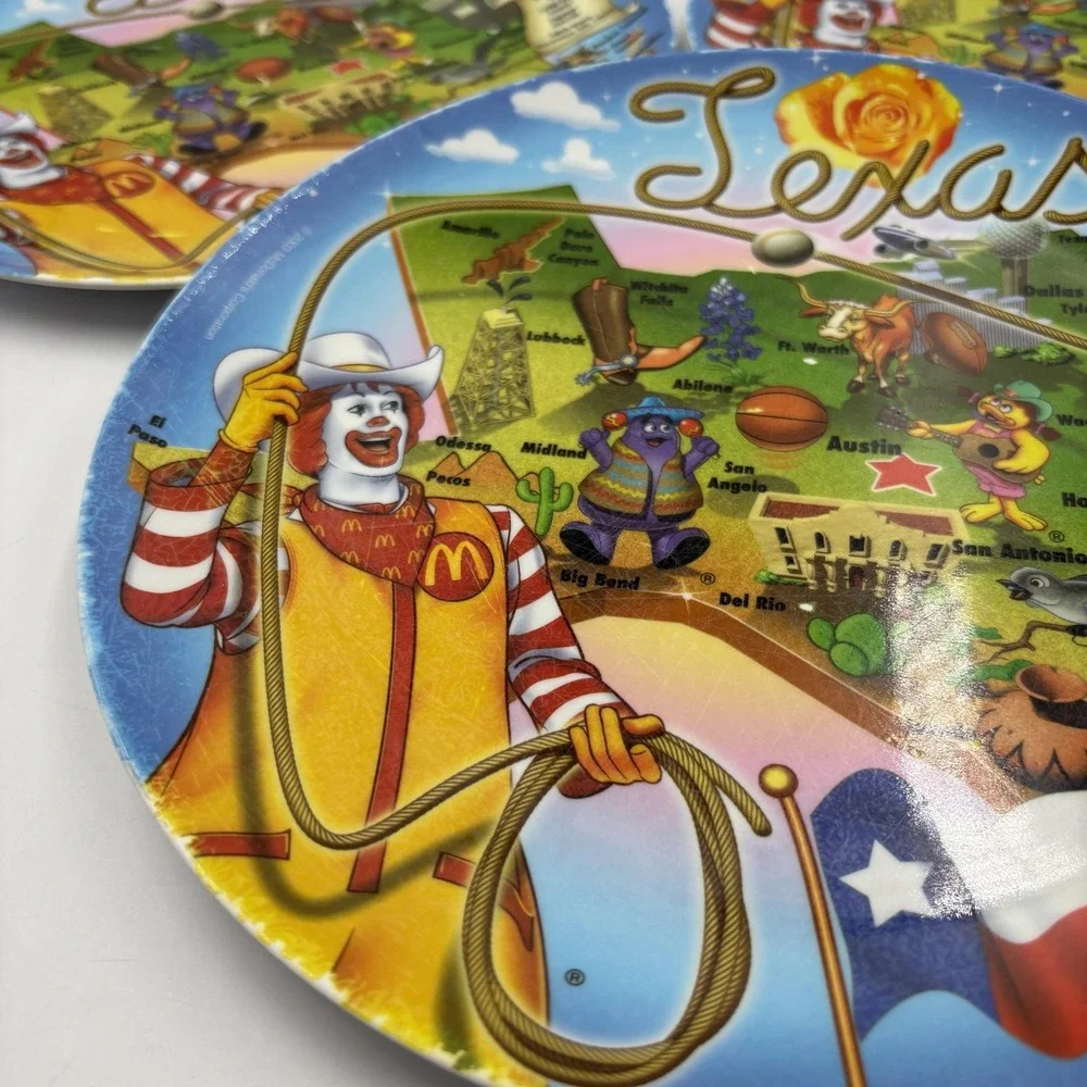 Vintage 2003 McDonald's Texas Map Ronald McDonald Colorful Plastic Plates Set 3‎
